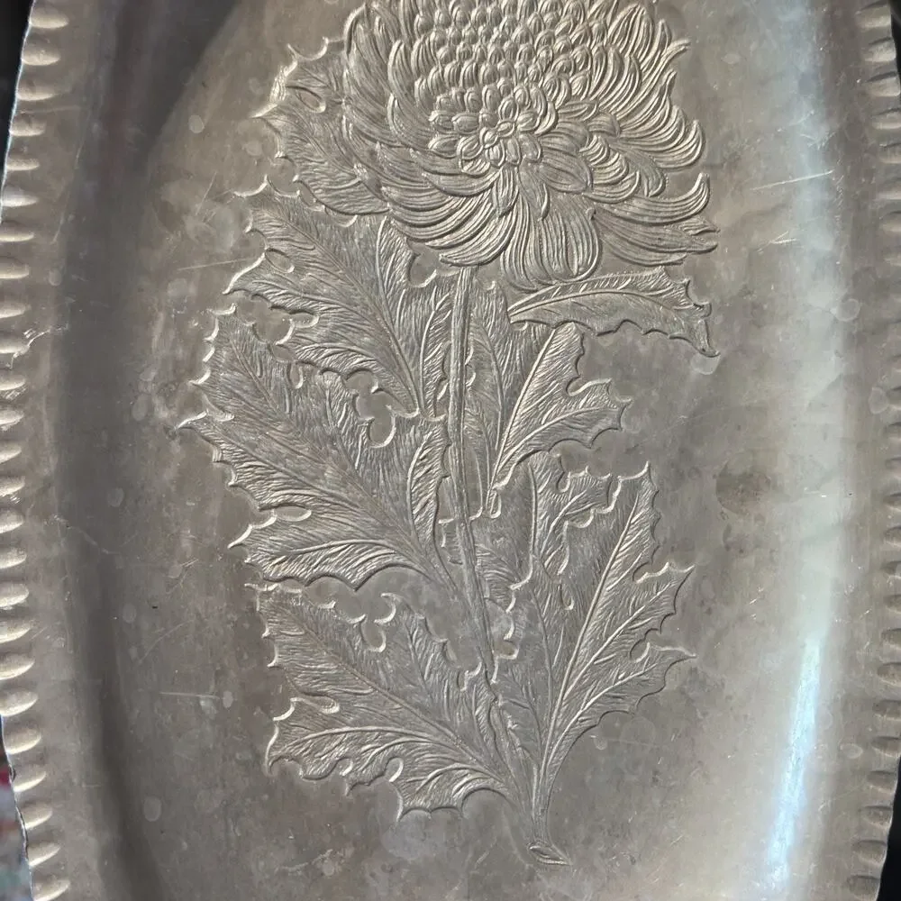 Continental Hand Wrought Tray Aluminum Chrysanthemum Trade Mark 566 Vintage